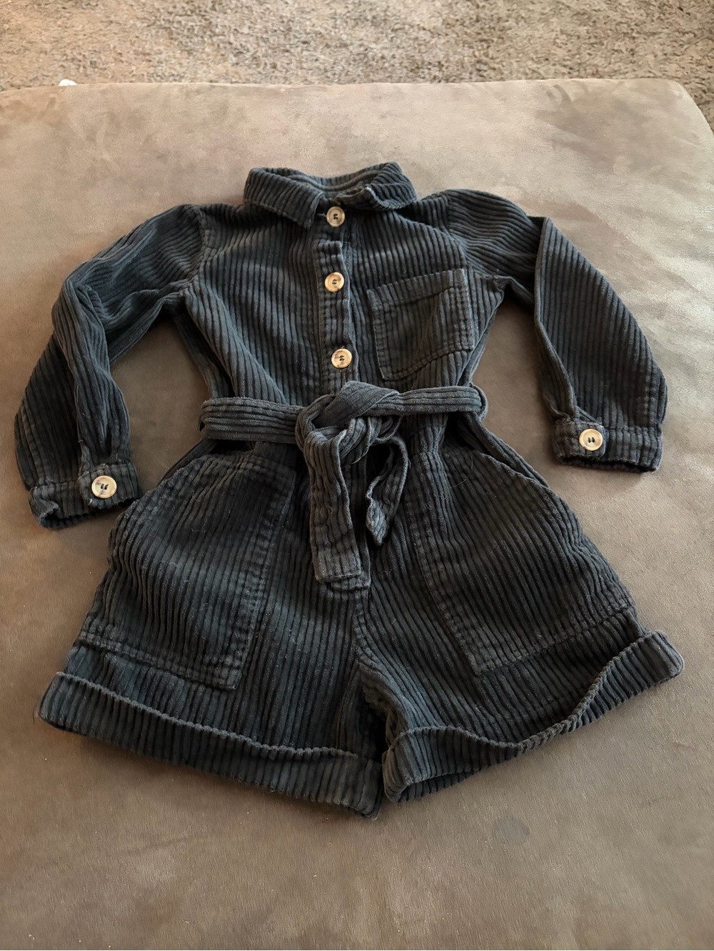 Zara Kids Black Corduroy Belted Romper Long Sleeve Button Front Size 6